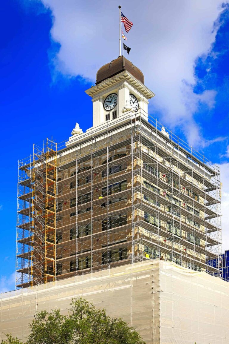 City Hall building surrounded by scaffolding on N. Florida Ave in Tampa, FL, USA